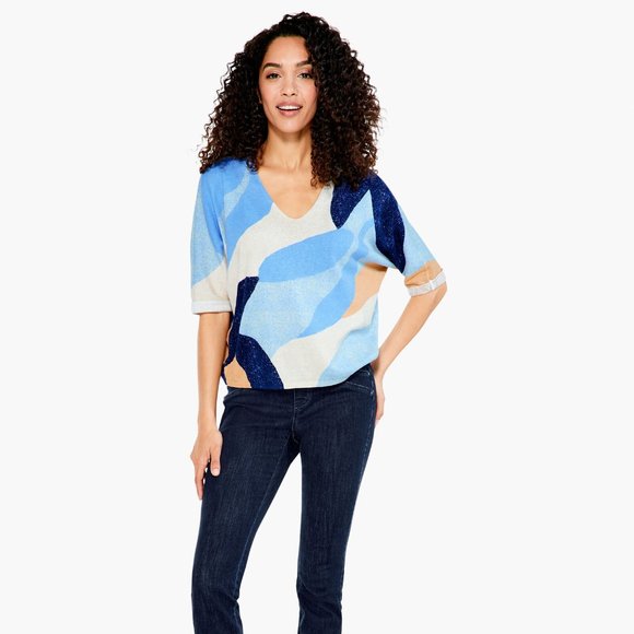 Nic+Zoe OCEAN ISLE Short Sleeve V Neck Loose Fitting Blue Geometric Knit SWEATER - Picture 4 of 16